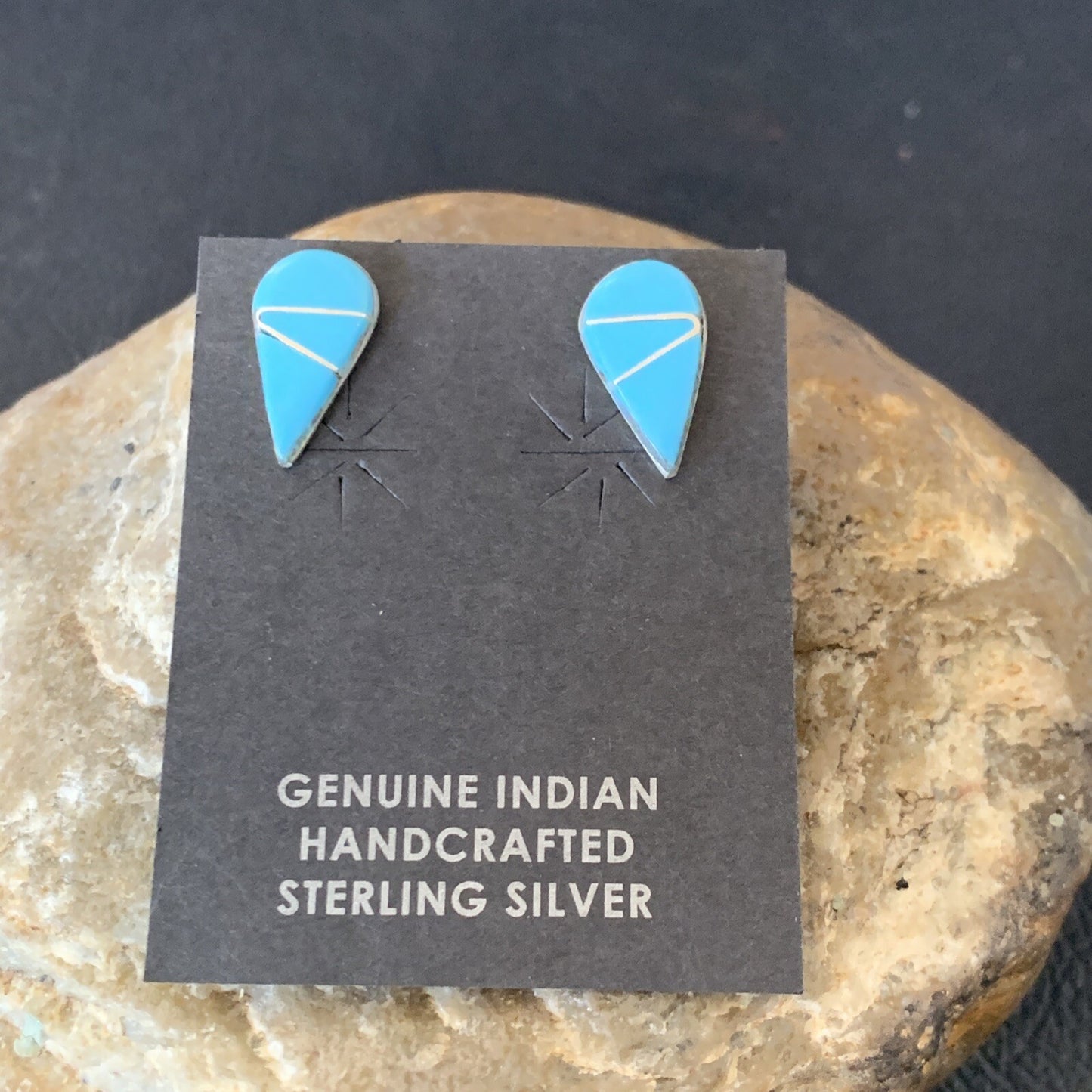 Blue Turquoise Inlay Zuni Sterling Silver Dangle Post Earrings 0.5" 12753