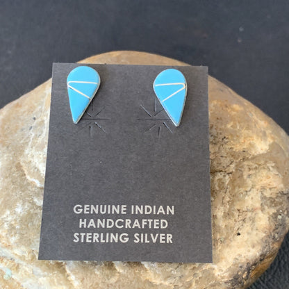 Blue Turquoise Inlay Zuni Sterling Silver Dangle Post Earrings 0.5" 12753