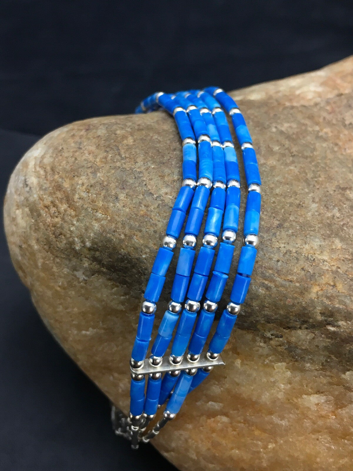 Blue Lapis Heishi 5 Strand Southwestern Liquid Sterling Silver Bracelet 7" 02935