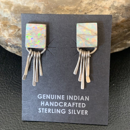 Womens White Opal Inlay Navajo Sterling Silver Dangle Post Earrings 0.5" 12765