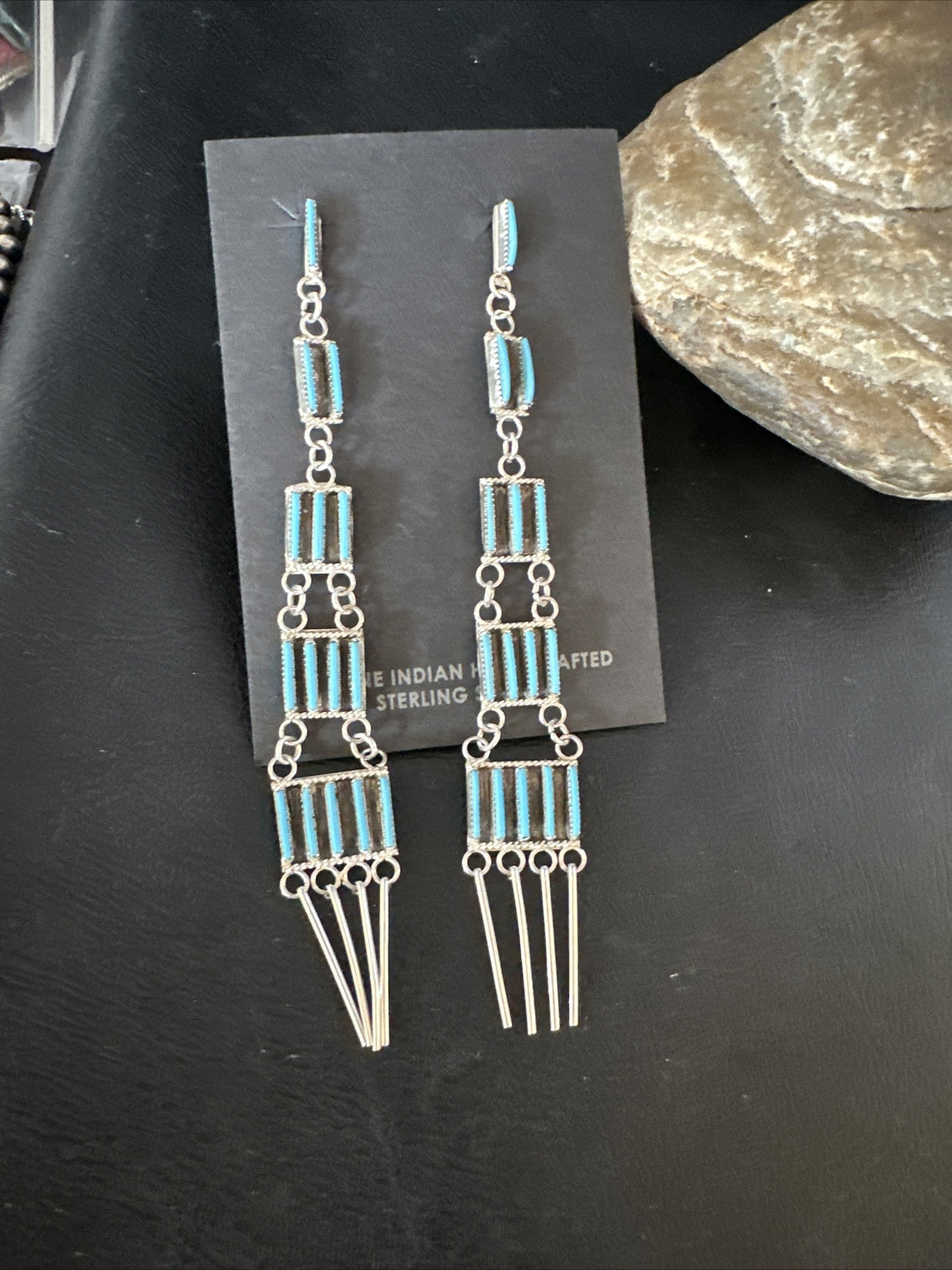 Kingman Turquoise Needle Point Zuni Sterling Silver 5 Tier Dangle Earrings 18636