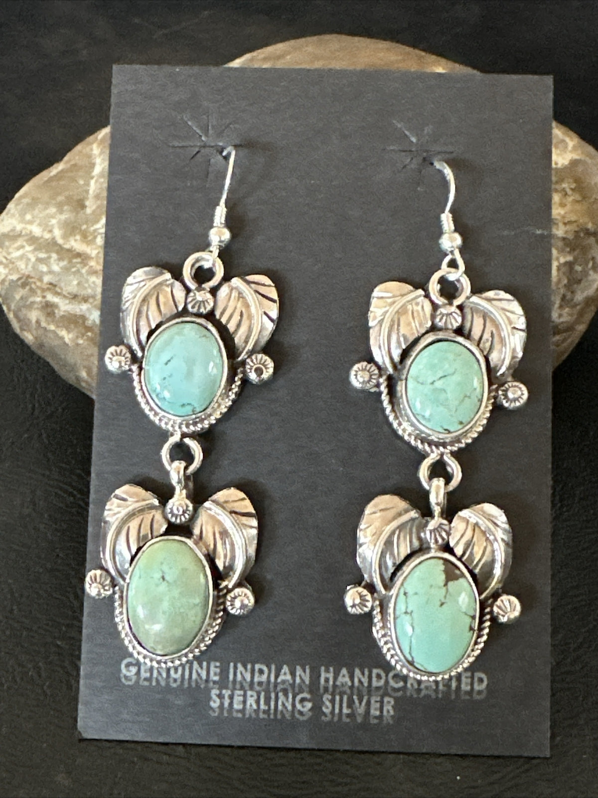 Native Navajo Blue Creek Turquoise Sterling Silver Dangle Earrings 2” 17918