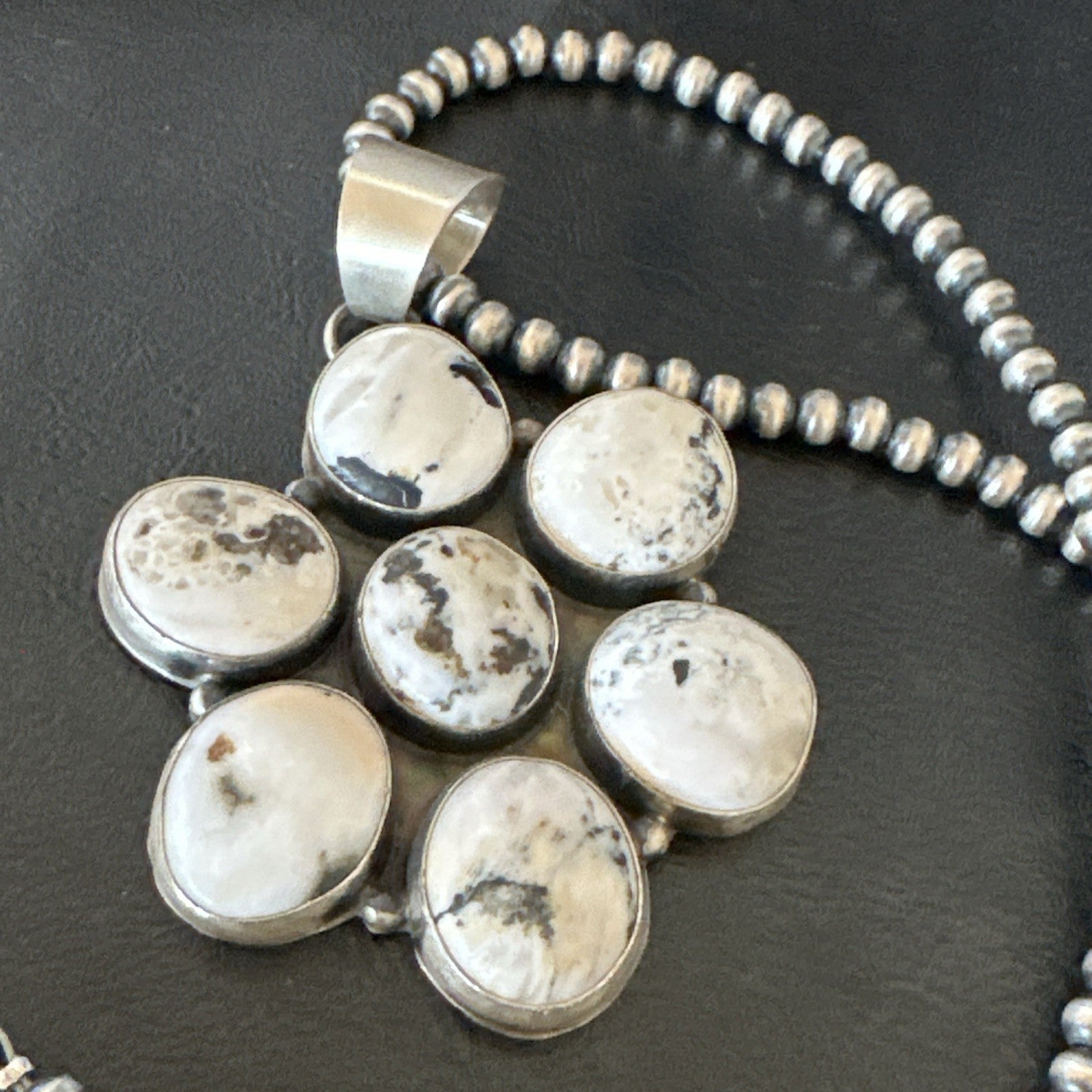 White Buffalo Turquoise Cluster Pendant Navajo Sterling Silver Necklace 19270