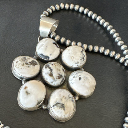 White Buffalo Turquoise Cluster Pendant Navajo Sterling Silver Necklace 19270