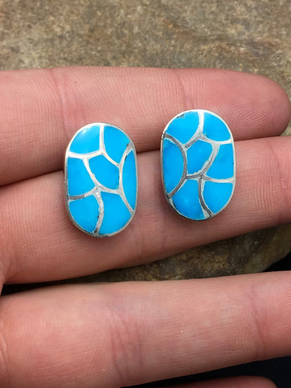 Blue Turquoise Zuni Sterling Silver Inlay Earrings 1.25" 1072