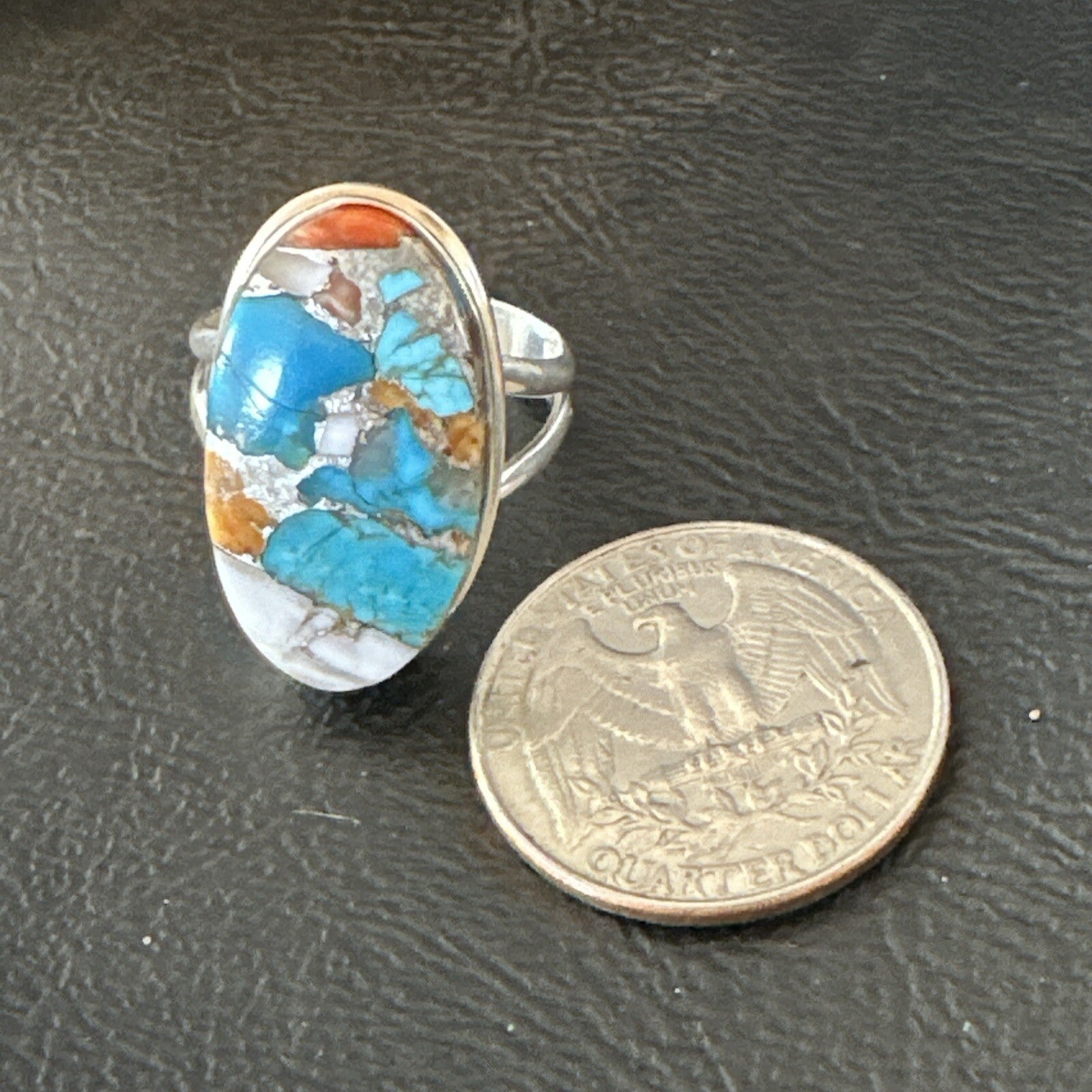 Blue Turquoise Spiny Oyster Southwestern Sterling Silver Ring Size 9 18459