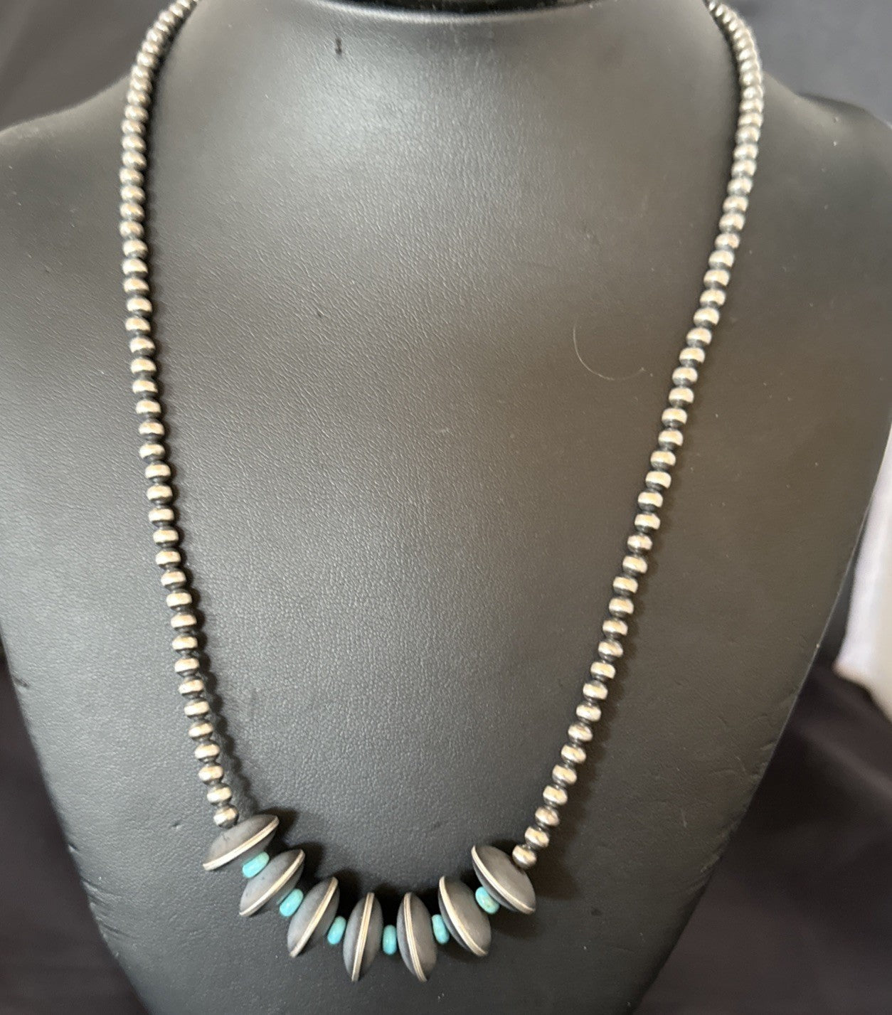 Blue Turquoise Round Flat Sterling Silver Beads Necklace 20” 19026