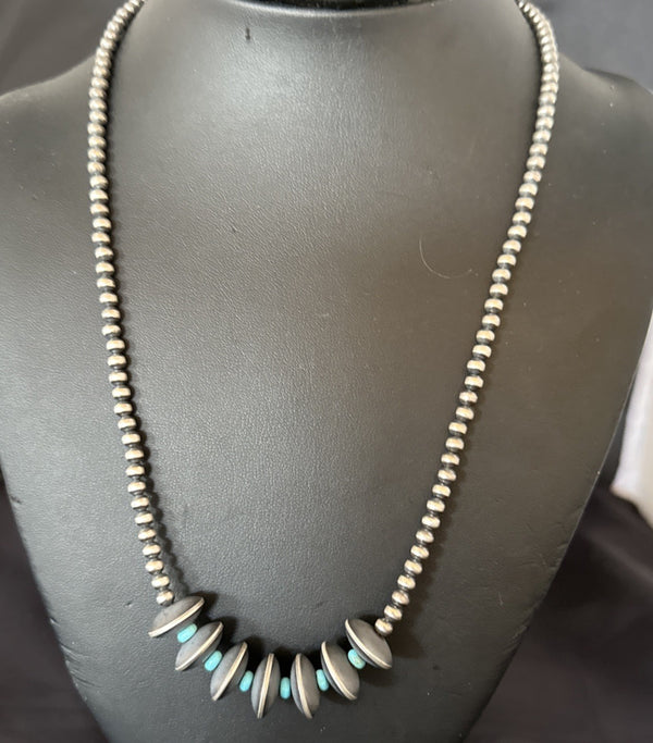 Blue Turquoise Round Flat Beads Necklace 20" | Sterling Silver | Authentic Native American Handmade | 19026