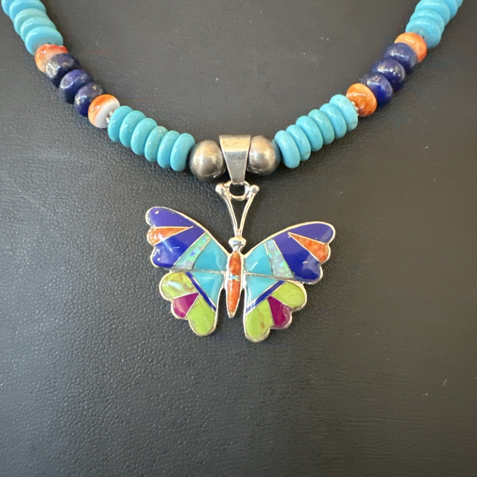 Butterfly Multicolor Turquoise Pendant Navajo Sterling Silver Necklace 19652