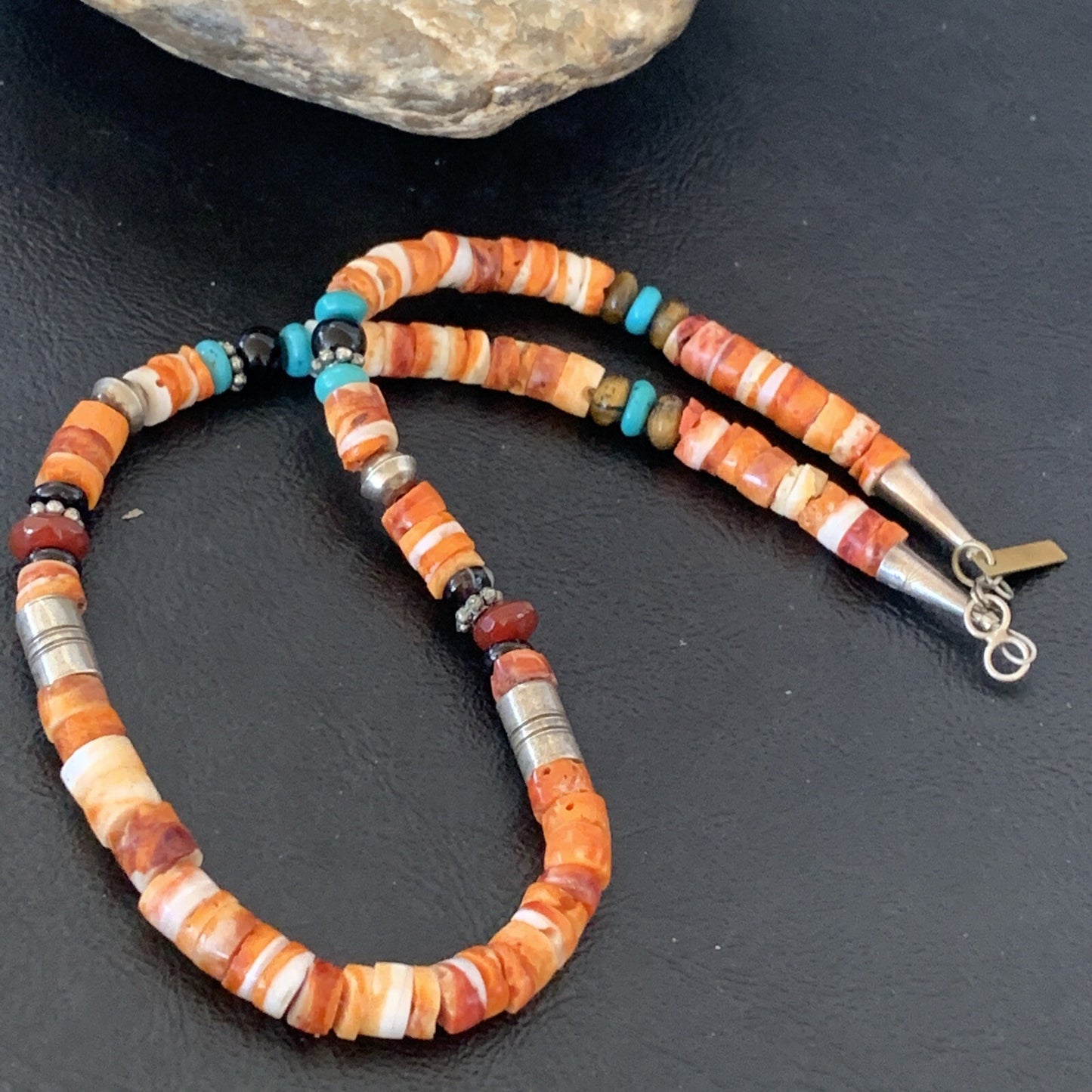 Turquoise Spiny Oyster & Coral Beads Sterling Silver Gold Necklace 10394