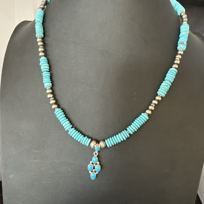Blue Turquoise Cluster Pendant Navajo Sterling Silver Necklace 20" 19713