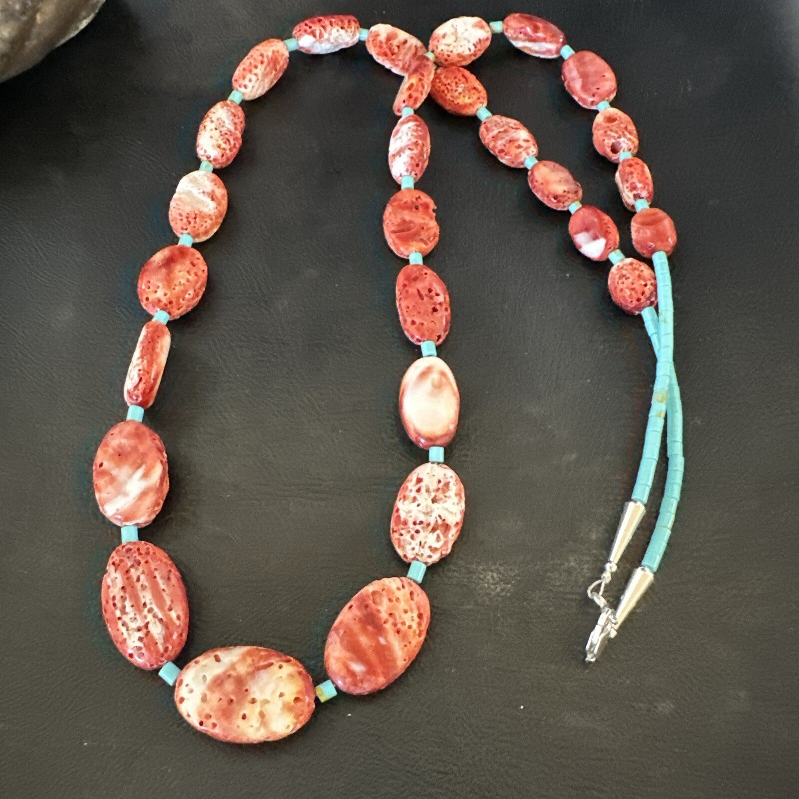 New Red Spiny Oyster Turquoise Heishi Navajo Sterling Silver Necklace 32" 17766