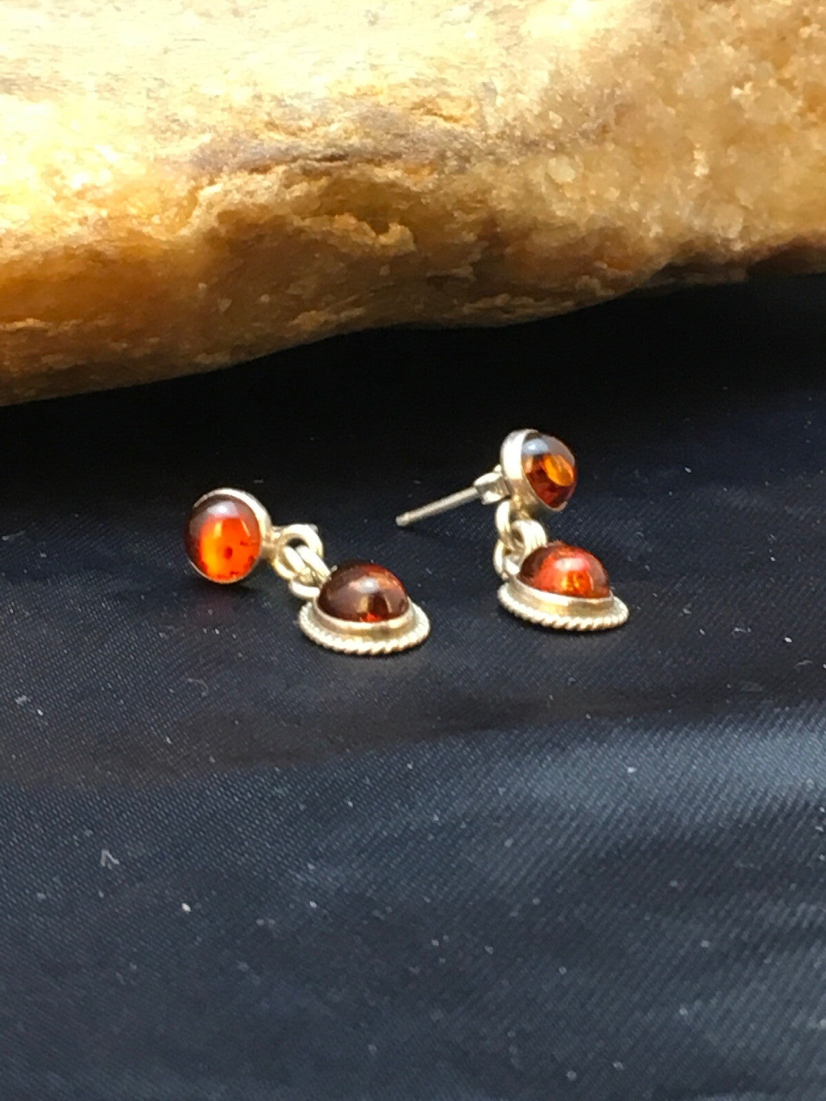 Native American Navajo Sterling Silver Gold Amber Dangle Earrings 13104