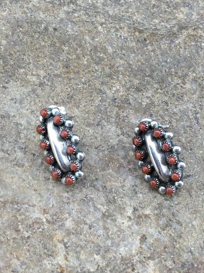 Red Coral Zuni Cluster Sterling Silver Earrings 0.75" 01094
