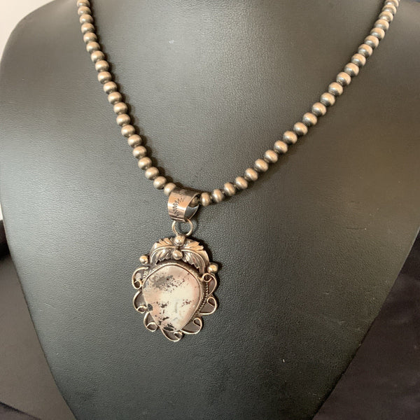 White Buffalo Turquoise Pendant Beads Necklace | Sterling Silver | Authentic Native American Handmade | 11129