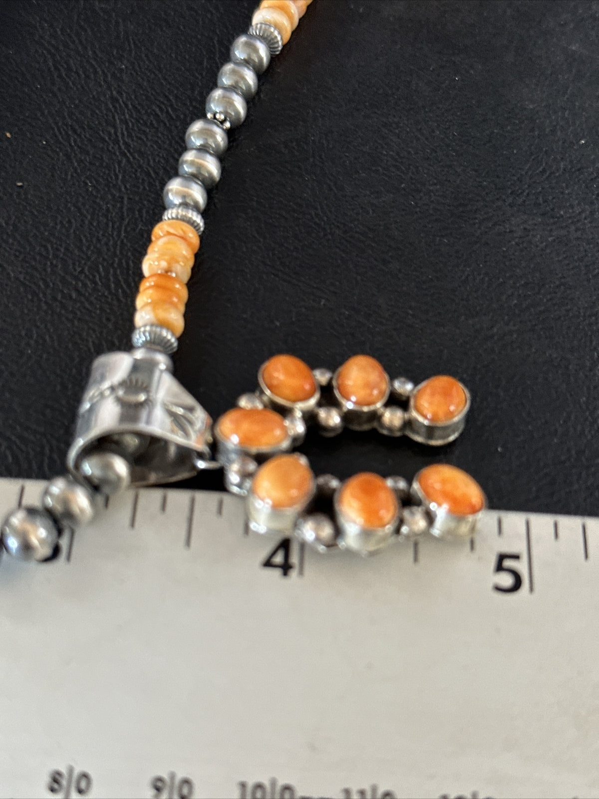 Orange Spiny Oyster Naja Pendant Navajo Pearls Sterling Silver Necklace 11346