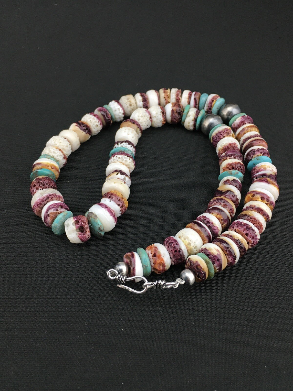 Purple Spiny Oyster & Turquoise Navajo Indian Sterling Necklace 20" 02519