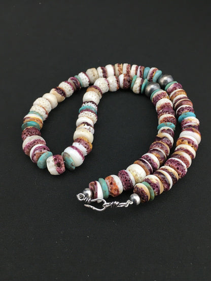 Purple Spiny Oyster & Turquoise Navajo Indian Sterling Necklace 20" 02519