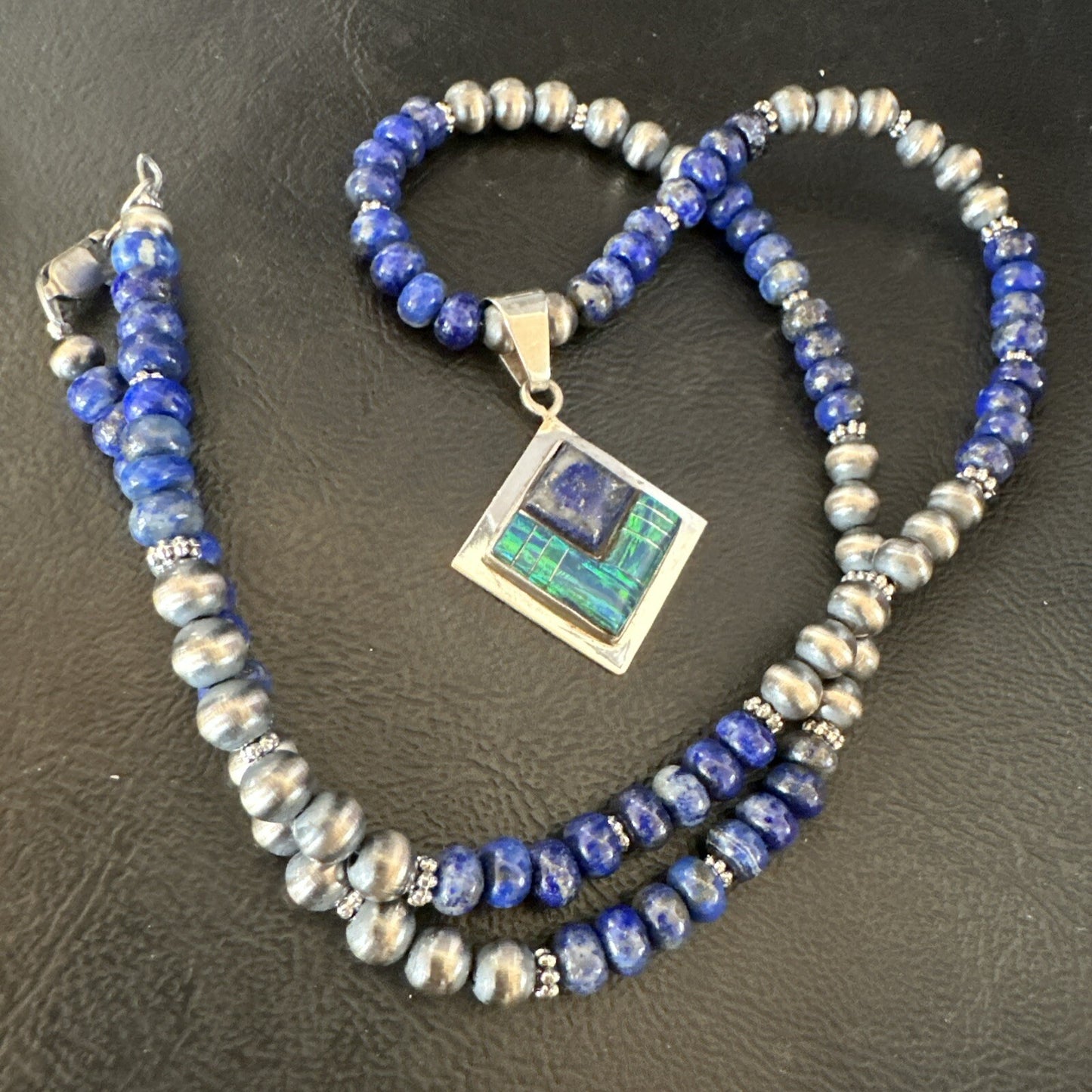 Mens Womens Blue Lapis Opal Navajo Sterling Silver Pendant Necklace 21”18339