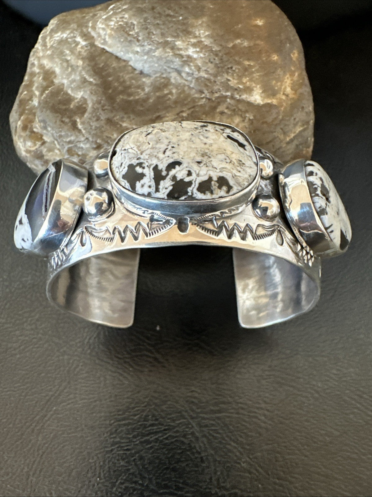 Mens White Buffalo Turquoise Navajo Sterling Silver Cuff Bracelet 7.5" 19428
