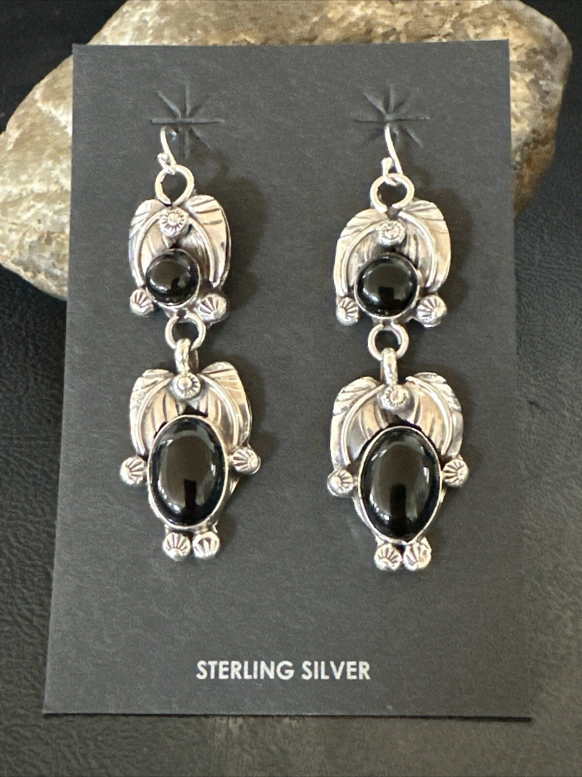 Black Onyx Navajo Sterling Silver Dangle Earrings 1.5" 18285