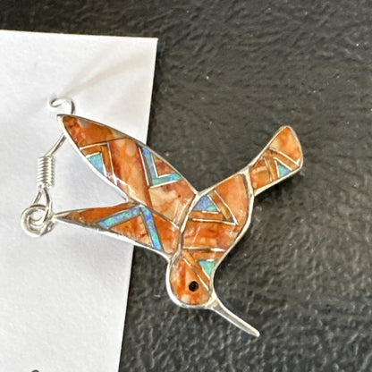 Orange Spiny Oyster Opal Sterling Silver Hummingbird Dangle Earrings 19133