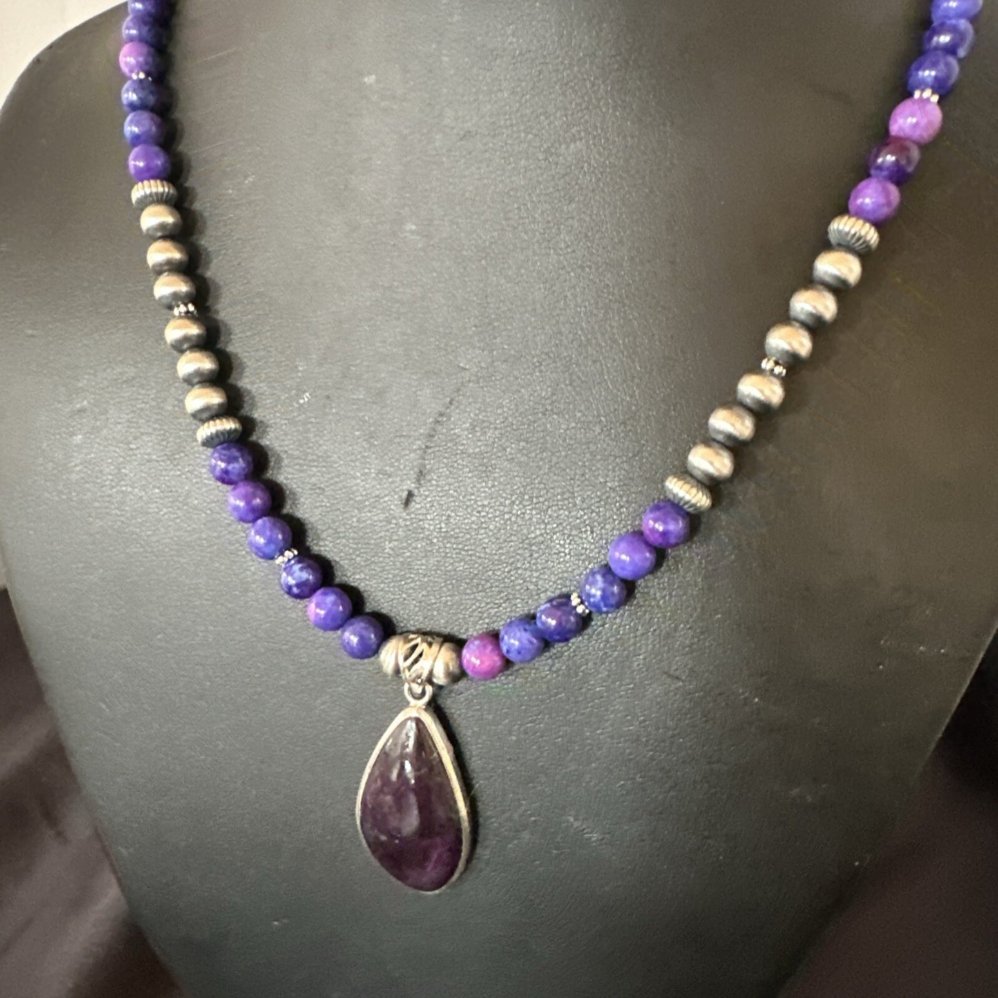 Purple Stone Pendant Navajo Pearls Sterling Silver Necklace 23" 17893