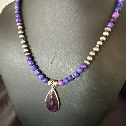 Purple Stone Pendant Navajo Pearls Sterling Silver Necklace 23" 17893