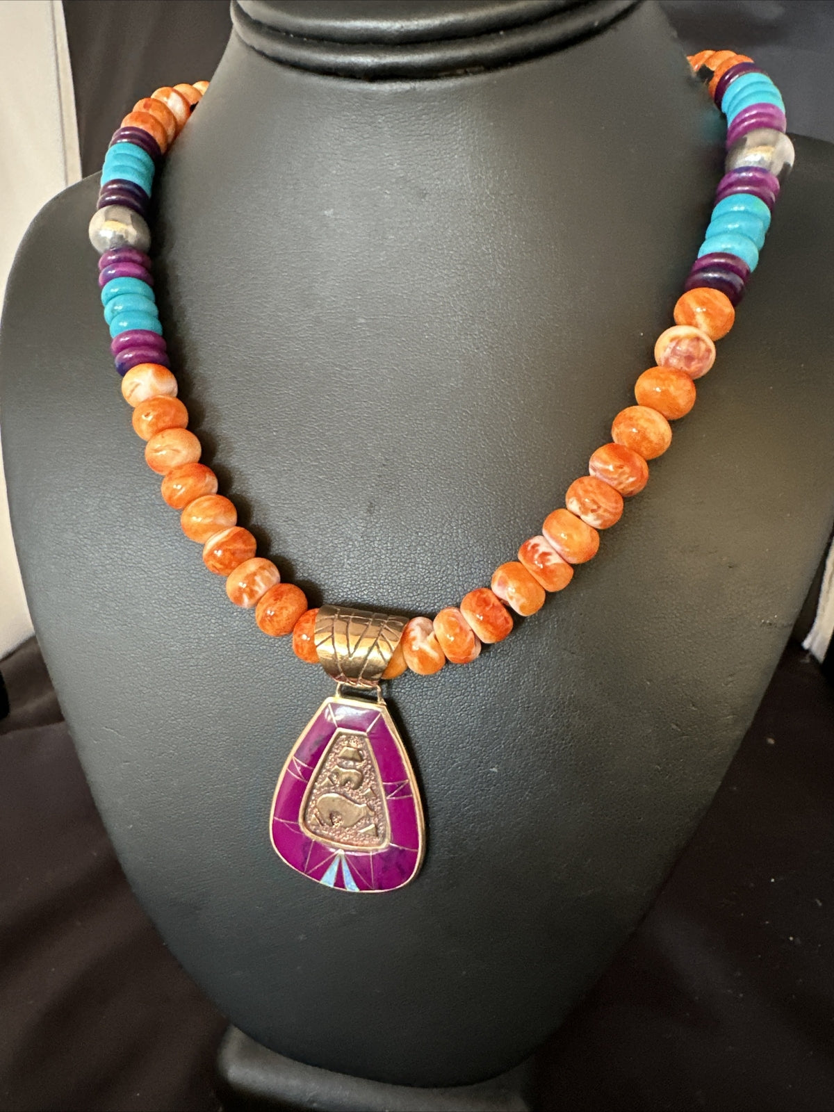 Turquoise Purple Ston Spiny Bronze Pendant Navajo Sterling Silver Necklace 14990
