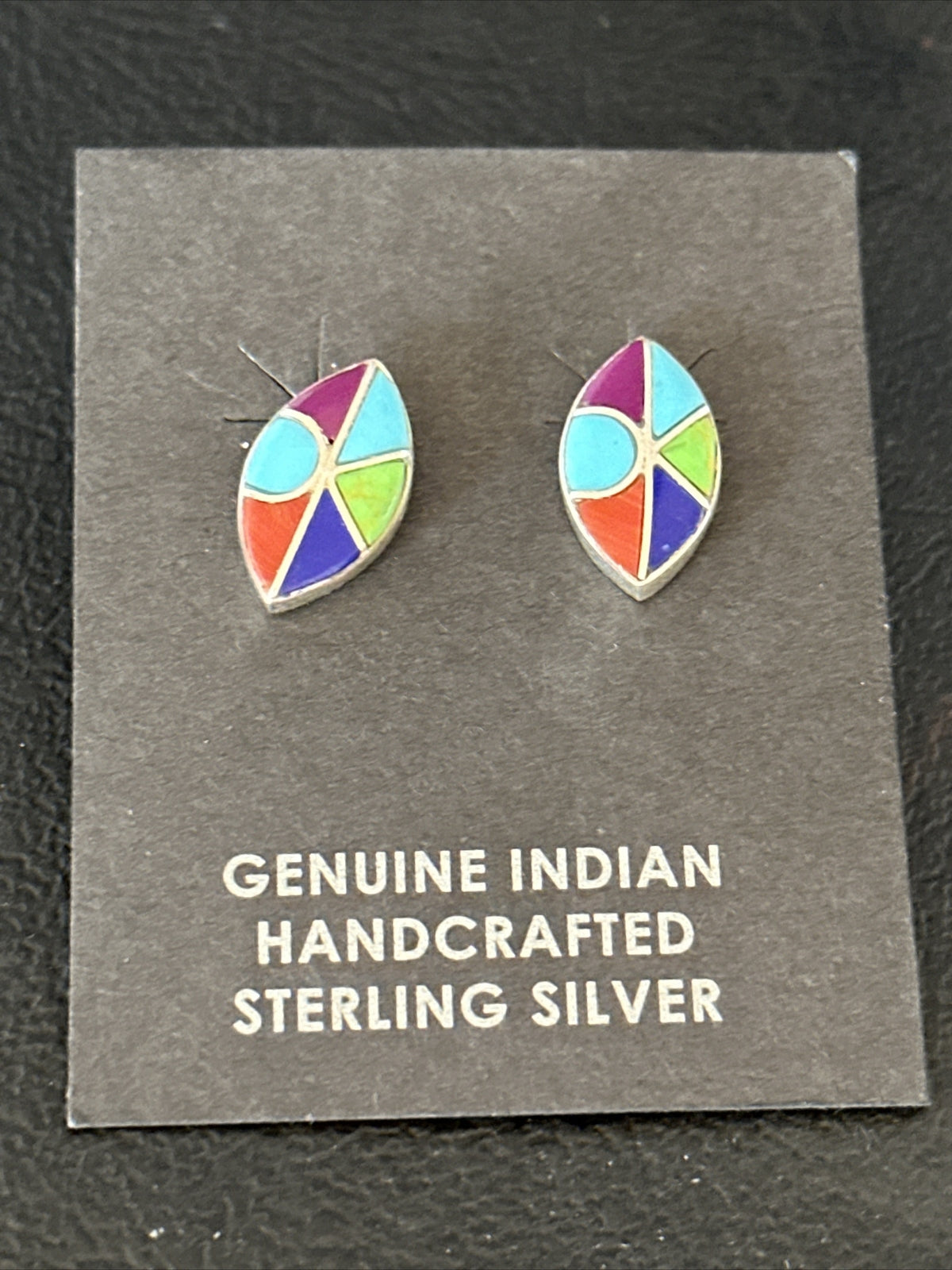 Blue Turquoise & Spiny Oyster Navajo Sterling Silver Inlay Earrings 0.5" 14767