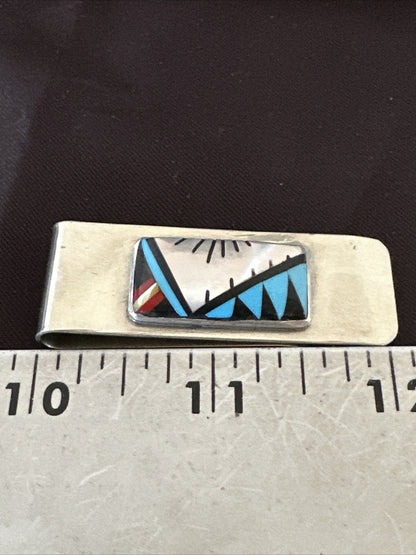 A Zuni Mens Turquoise Spiny Inlay Stainless Sterling Silver Money Clip 17834
