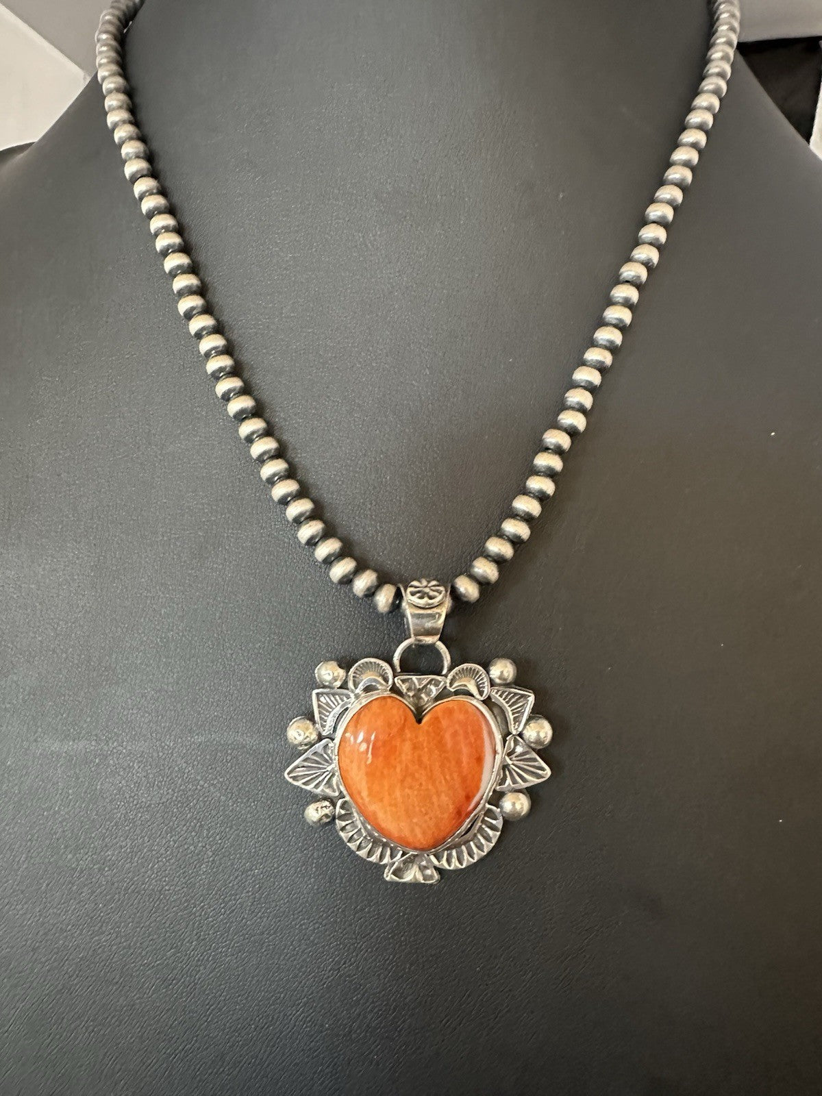 H Joe Orange Spiny Oyster Heart Pendant Navajo Sterling Silver Necklace 19485