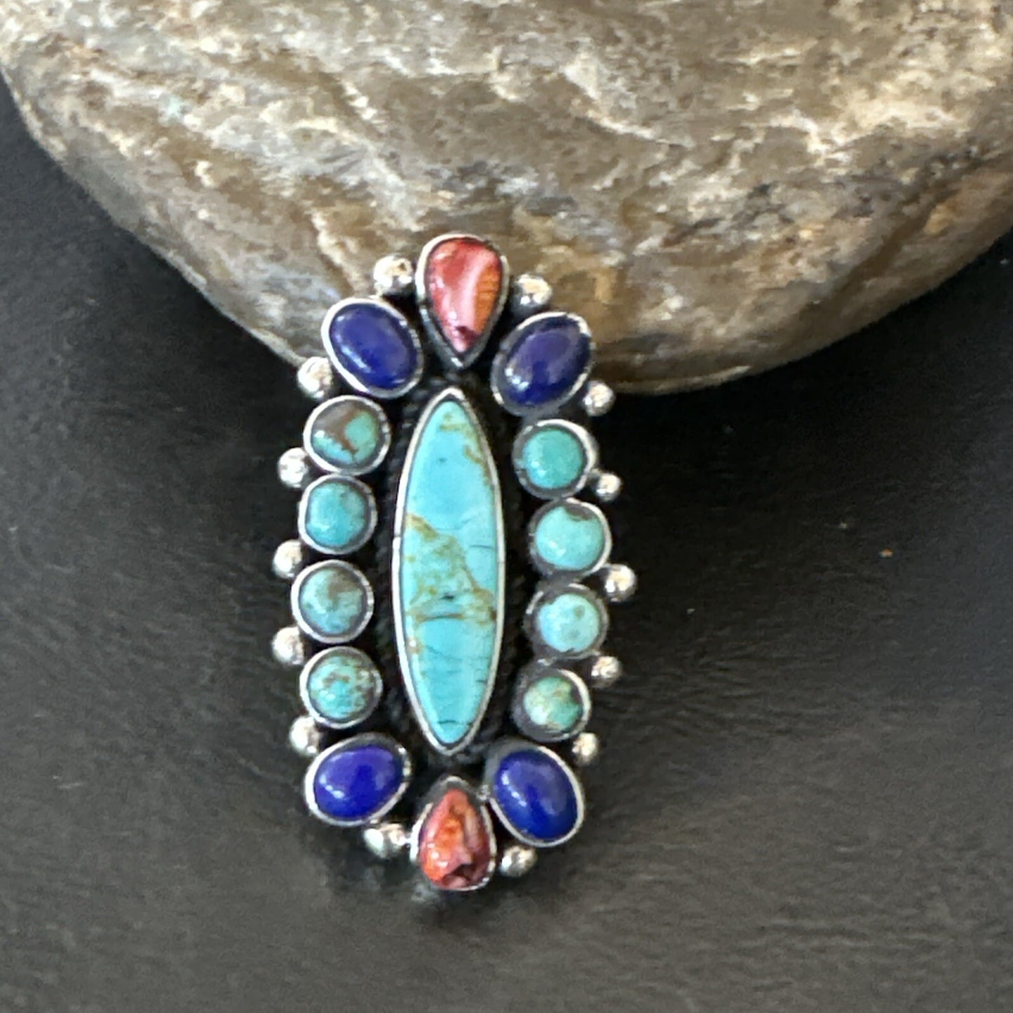 Cluster Blue Turquoise Spiny Oyster Lapis Sterling Silver Ring Size 6.5 18566