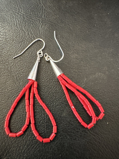 Native Red Coral Heishi Tube Liquid Sterling Silver Dangle Earrings 2" 4399