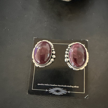 Purple Spiny Oyster Navajo Sterling Silver Stud Post Earrings 1" 18739