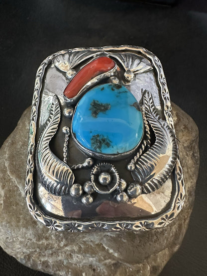 Mens Buckle Blue Turquoise Coral Navajo Sterling Silver Concho Belt 19489