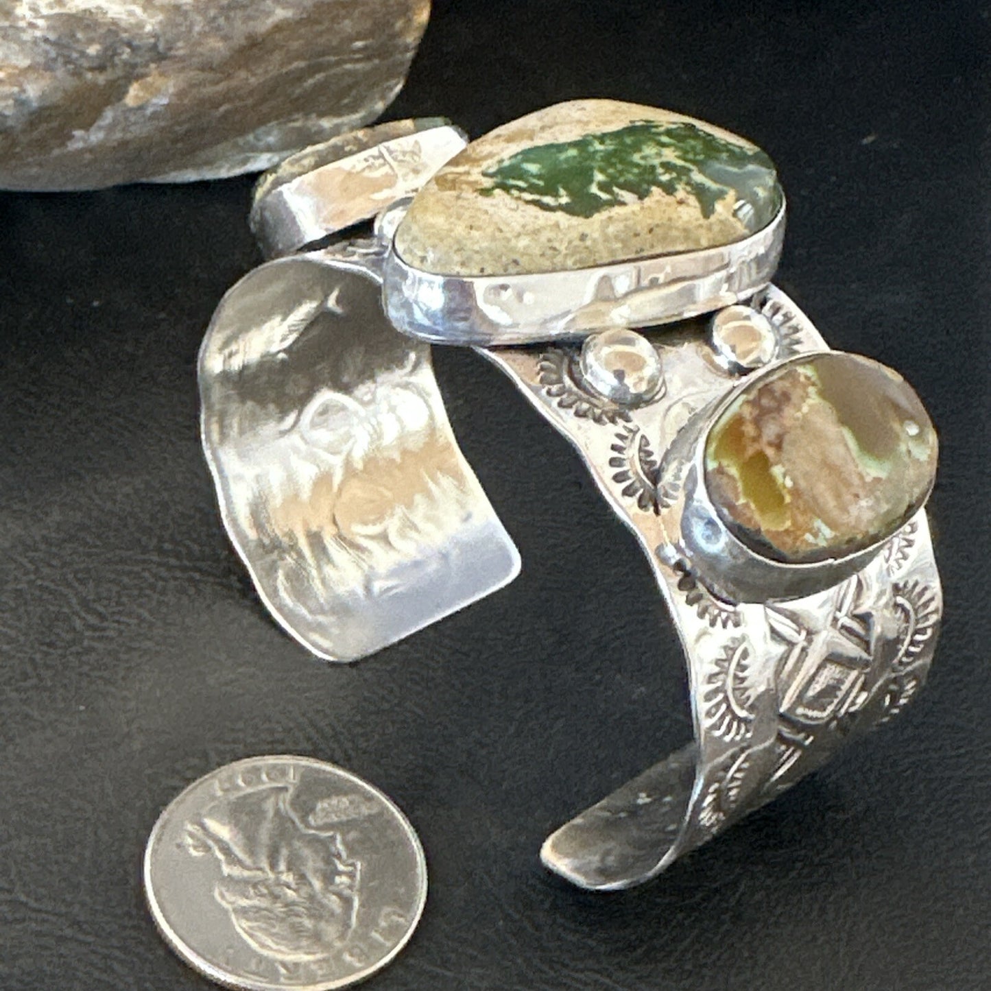 Navajo Green Royston TURQUOISE Stamped Sterling Silver Cuff Bracelet 18975