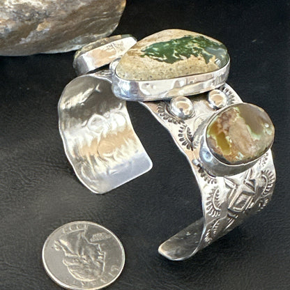 Navajo Green Royston TURQUOISE Stamped Sterling Silver Cuff Bracelet 18975