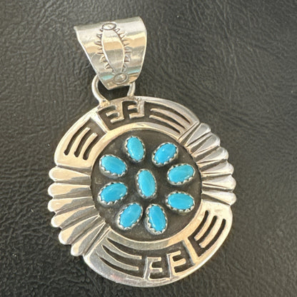 Blue Kingman Turquoise Navajo Sterling Silver Cluster Pendant 2"19285