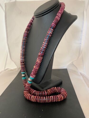 Navajo Necklace Purple Spiny Oyster & Turquoise Navajo Pearls 28" 3239