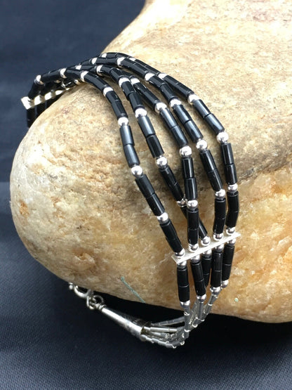 Black Onyx Heishi 5 Strand Southwestern Liquid Sterling Silver Bracelet 7" 02932