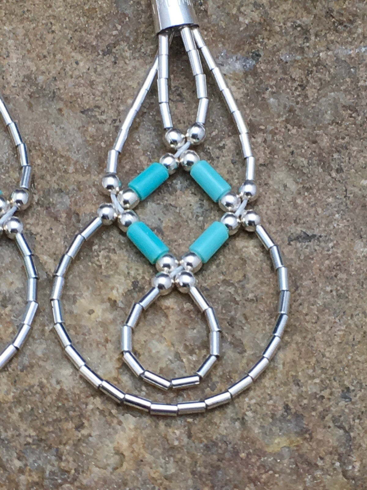 Blue Turquoise Tube Heishi Dangle Liquid Sterling Silver Earrings 2" 03100