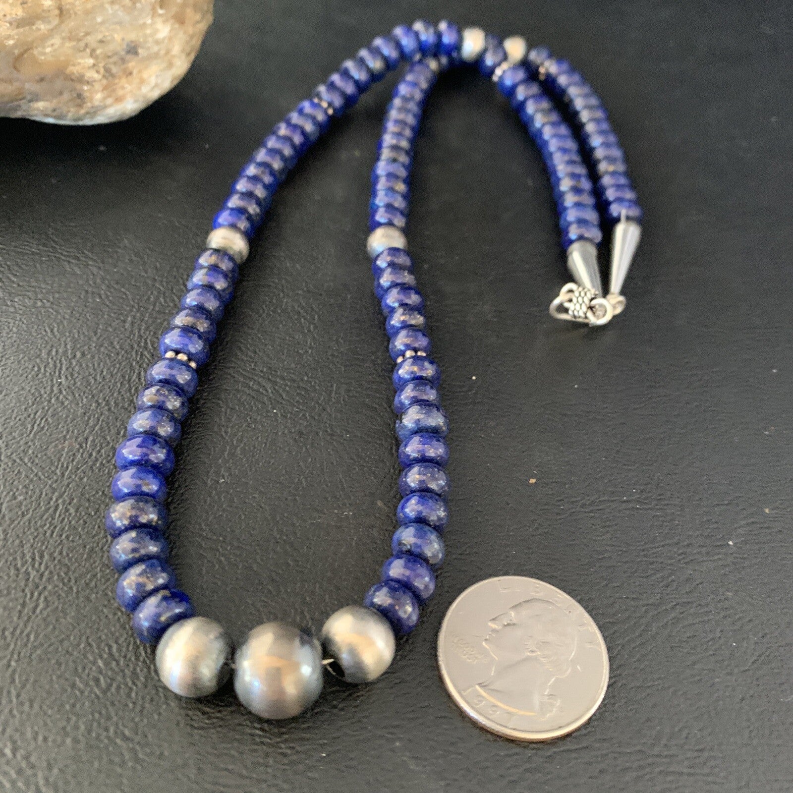 Mens Blue Lapis Lazuli Navajo Pearls Sterling Silver Necklace 24” 13956
