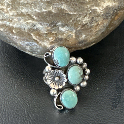 Yazzie Ring Green Turquoise Navajo Sterling Silver Cluster Size7.5 19203