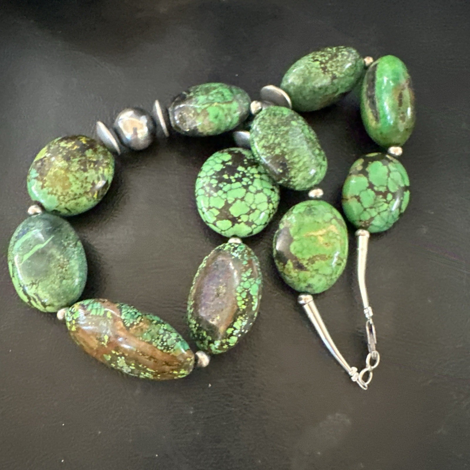 Green Turquoise Nugget Navajo Pearls Sterling Silver Necklace 19533