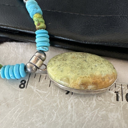 Green Gaspeite Pendant Blue Turquoise Navajo Sterling Silver Necklace 20" 19668