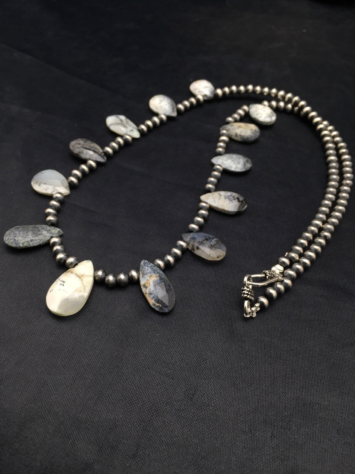 Black Rutile & Opal Pear Shaped Navajo Pearls Sterling Silver Necklace 04091