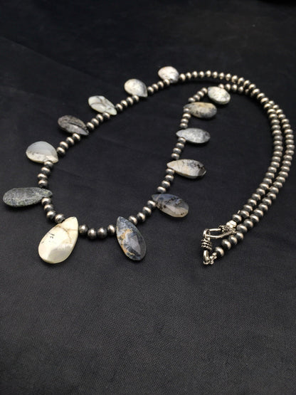Black Rutile & Opal Pear Shaped Navajo Pearls Sterling Silver Necklace 04091