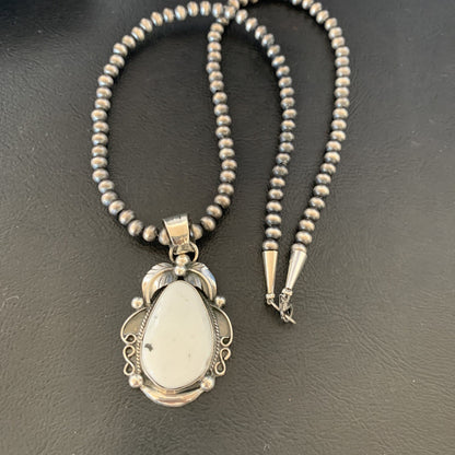Men White Buffalo Turquoise Pendant Sterling Silver Beads Necklace 12668N
