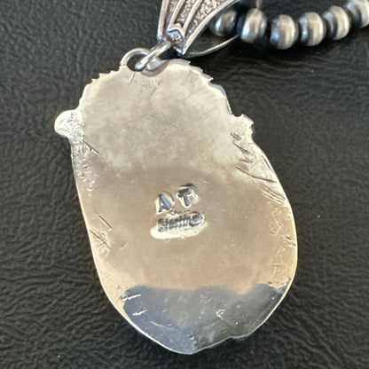 White Buffalo Turquoise Pendant Navajo Pearls Sterling Silver Necklace 19336